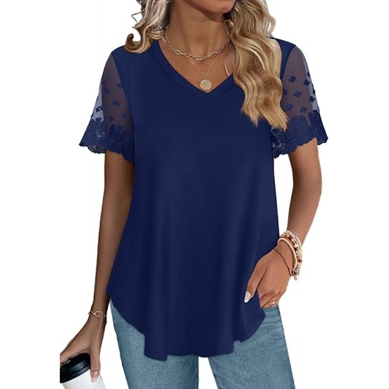 Casual V Neck T Shirts for Women Lace Short Sleeve Curved Hem Tops Loose Fit