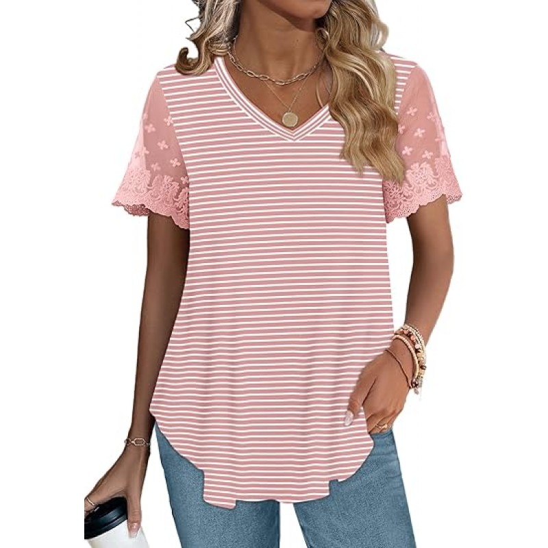 Casual V Neck T Shirts for Women Lace Short Sleeve Curved Hem Tops Loose Fit