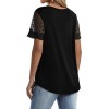 Casual V Neck T Shirts for Women Lace Short Sleeve Curved Hem Tops Loose Fit