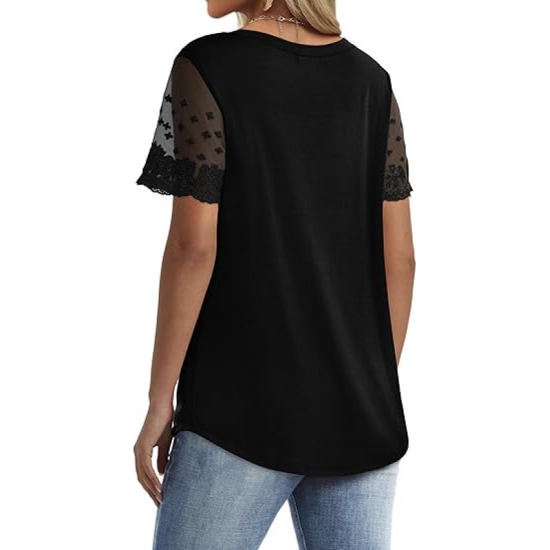 Casual V Neck T Shirts for Women Lace Short Sleeve Curved Hem Tops Loose Fit