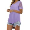 Casual V Neck T Shirts for Women Lace Short Sleeve Curved Hem Tops Loose Fit