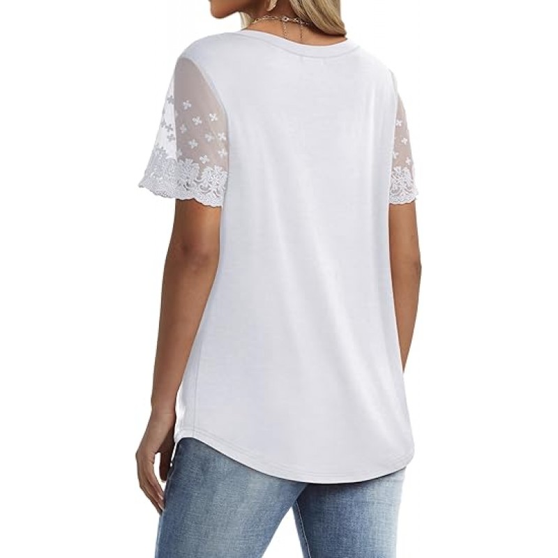 Casual V Neck T Shirts for Women Lace Short Sleeve Curved Hem Tops Loose Fit