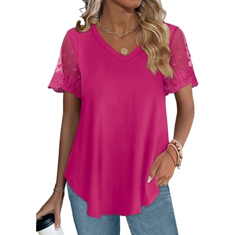 Casual V Neck T Shirts for Women Lace Short Sleeve Curved Hem Tops Loose Fit