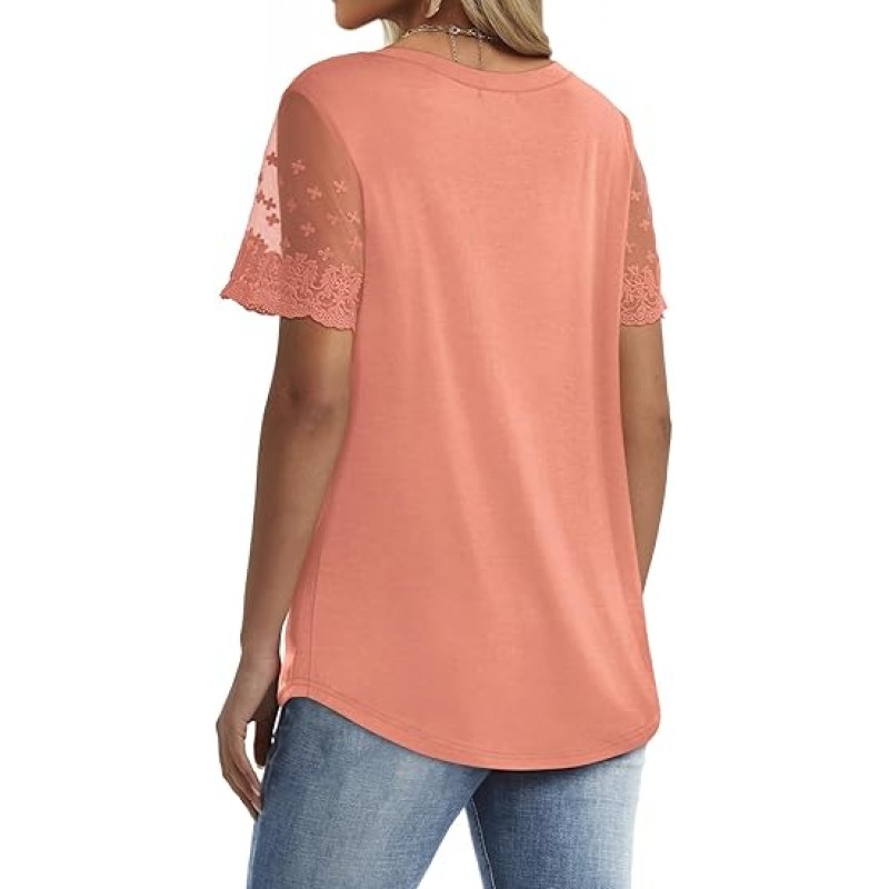 Casual V Neck T Shirts for Women Lace Short Sleeve Curved Hem Tops Loose Fit