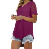 Casual V Neck T Shirts for Women Lace Short Sleeve Curved Hem Tops Loose Fit