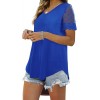 Casual V Neck T Shirts for Women Lace Short Sleeve Curved Hem Tops Loose Fit