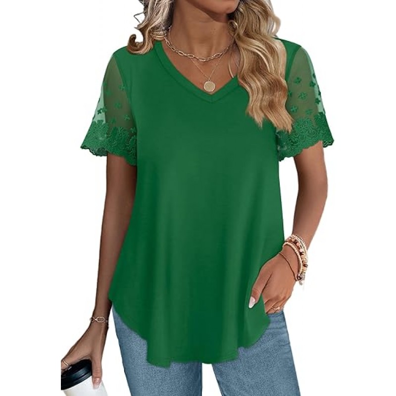 Casual V Neck T Shirts for Women Lace Short Sleeve Curved Hem Tops Loose Fit