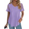 Casual V Neck T Shirts for Women Lace Short Sleeve Curved Hem Tops Loose Fit