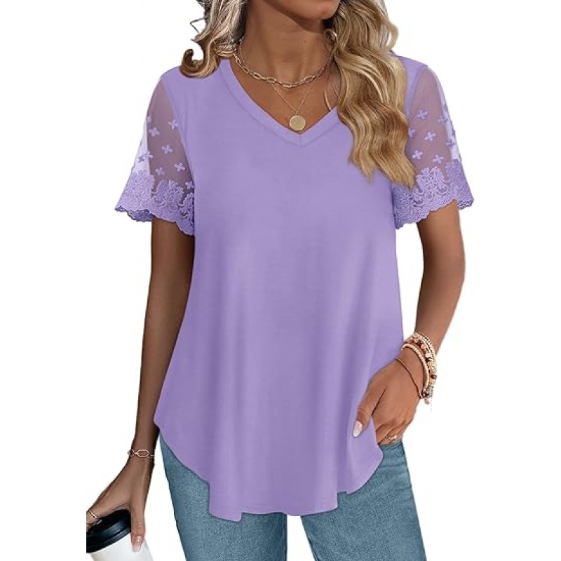 Casual V Neck T Shirts for Women Lace Short Sleeve Curved Hem Tops Loose Fit