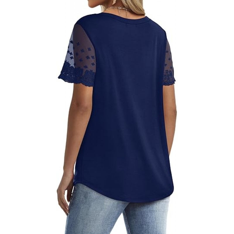 Casual V Neck T Shirts for Women Lace Short Sleeve Curved Hem Tops Loose Fit