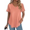 Casual V Neck T Shirts for Women Lace Short Sleeve Curved Hem Tops Loose Fit