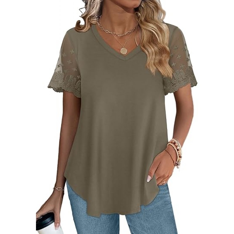 Casual V Neck T Shirts for Women Lace Short Sleeve Curved Hem Tops Loose Fit