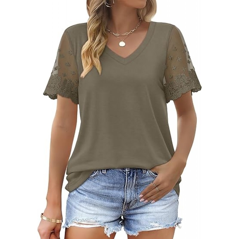 Casual V Neck T Shirts for Women Lace Short Sleeve Curved Hem Tops Loose Fit