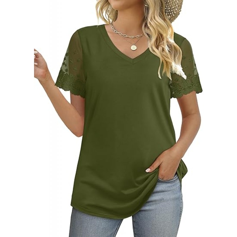 Casual V Neck T Shirts for Women Lace Short Sleeve Curved Hem Tops Loose Fit