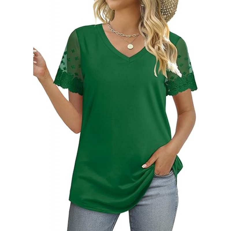 Casual V Neck T Shirts for Women Lace Short Sleeve Curved Hem Tops Loose Fit