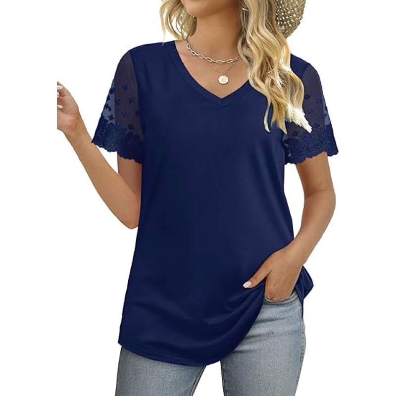 Casual V Neck T Shirts for Women Lace Short Sleeve Curved Hem Tops Loose Fit