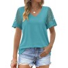 Casual V Neck T Shirts for Women Lace Short Sleeve Curved Hem Tops Loose Fit