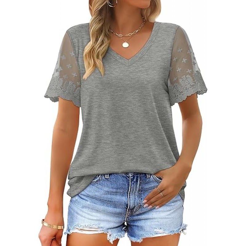 Casual V Neck T Shirts for Women Lace Short Sleeve Curved Hem Tops Loose Fit