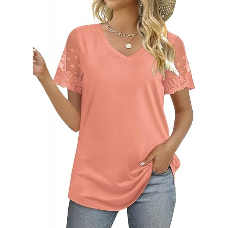 Casual V Neck T Shirts for Women Lace Short Sleeve Curved Hem Tops Loose Fit