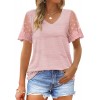 Casual V Neck T Shirts for Women Lace Short Sleeve Curved Hem Tops Loose Fit