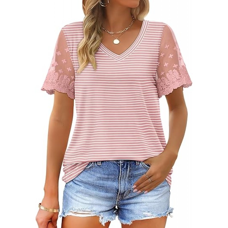 Casual V Neck T Shirts for Women Lace Short Sleeve Curved Hem Tops Loose Fit