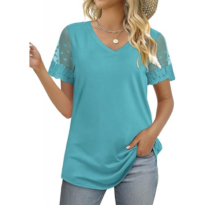 Casual V Neck T Shirts for Women Lace Short Sleeve Curved Hem Tops Loose Fit