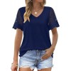 Casual V Neck T Shirts for Women Lace Short Sleeve Curved Hem Tops Loose Fit