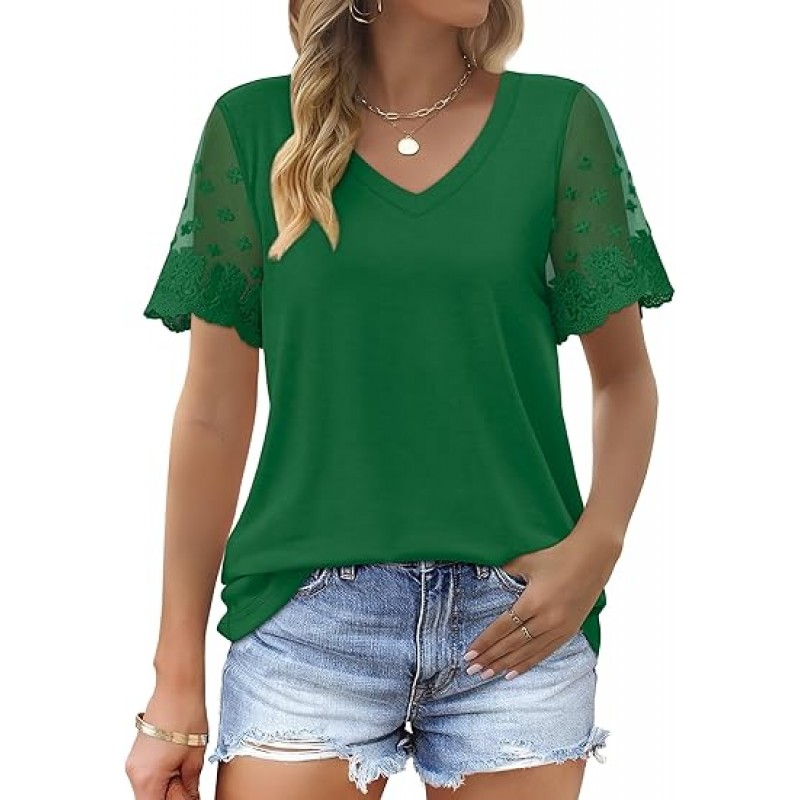 Casual V Neck T Shirts for Women Lace Short Sleeve Curved Hem Tops Loose Fit