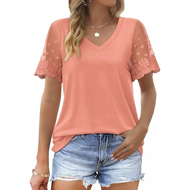 Casual V Neck T Shirts for Women Lace Short Sleeve Curved Hem Tops Loose Fit