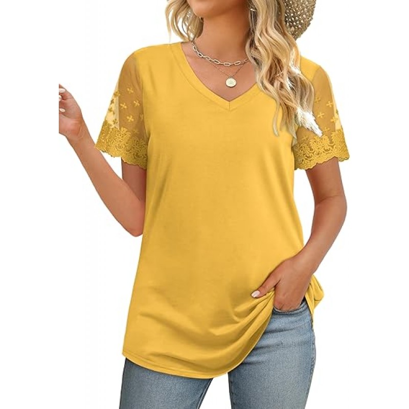 Casual V Neck T Shirts for Women Lace Short Sleeve Curved Hem Tops Loose Fit