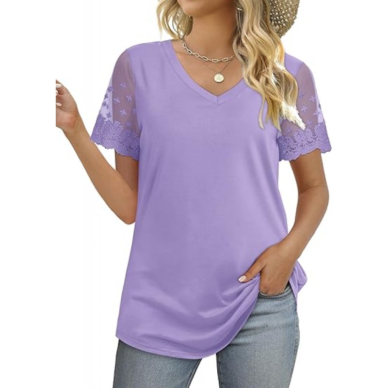 Casual V Neck T Shirts for Women Lace Short Sleeve Curved Hem Tops Loose Fit