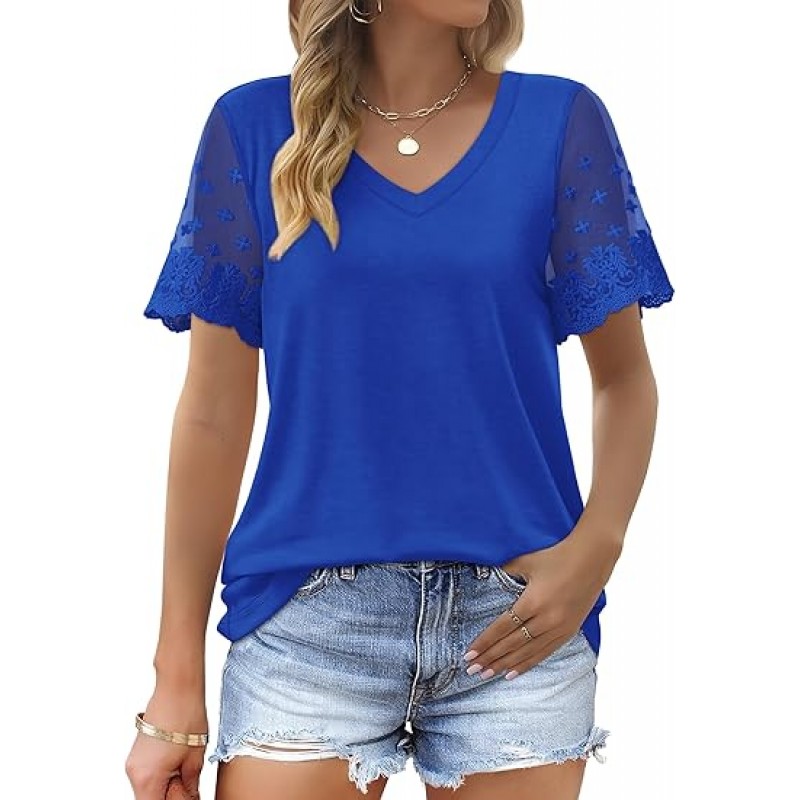 Casual V Neck T Shirts for Women Lace Short Sleeve Curved Hem Tops Loose Fit