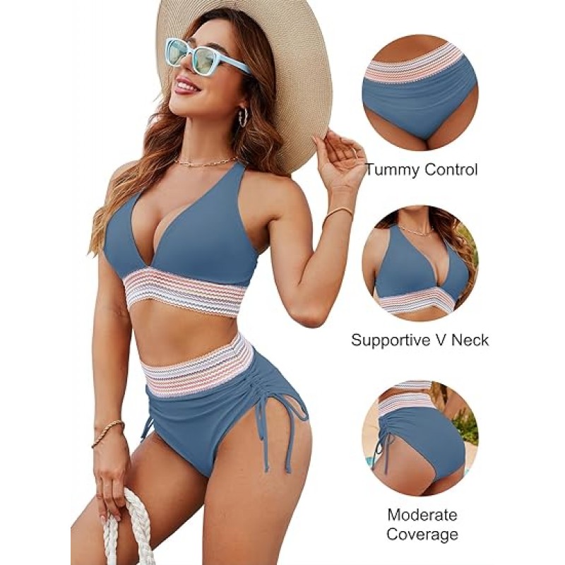 Women High Waisted Bikini Sets Tummy Control Swimsuits Color Block Two Piece Drawstring Bathing Suit