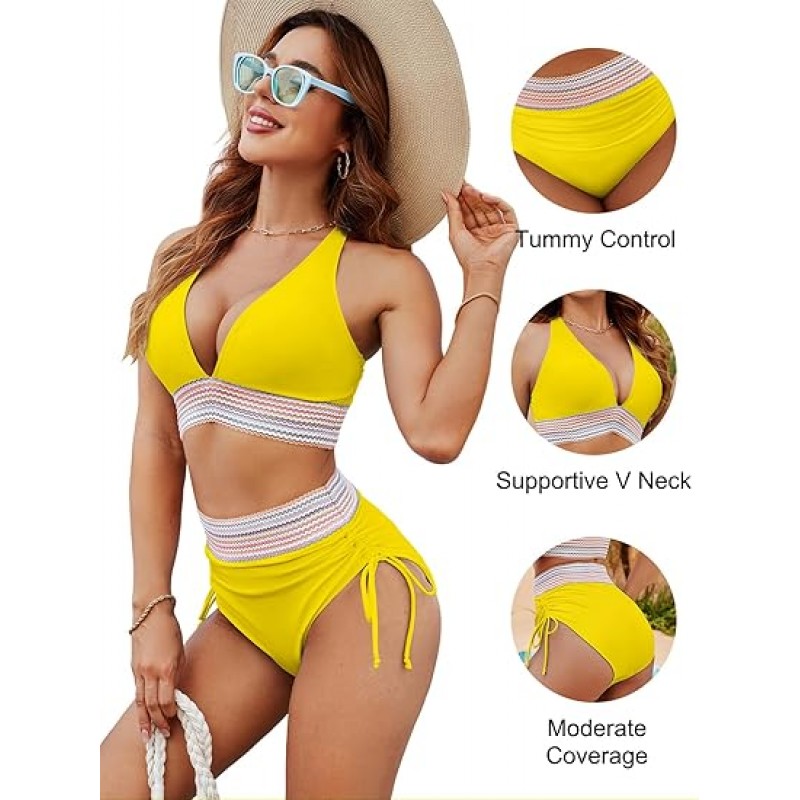 Women High Waisted Bikini Sets Tummy Control Swimsuits Color Block Two Piece Drawstring Bathing Suit