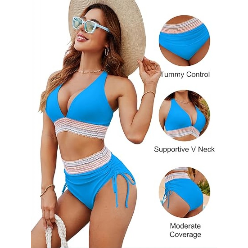 Women High Waisted Bikini Sets Tummy Control Swimsuits Color Block Two Piece Drawstring Bathing Suit