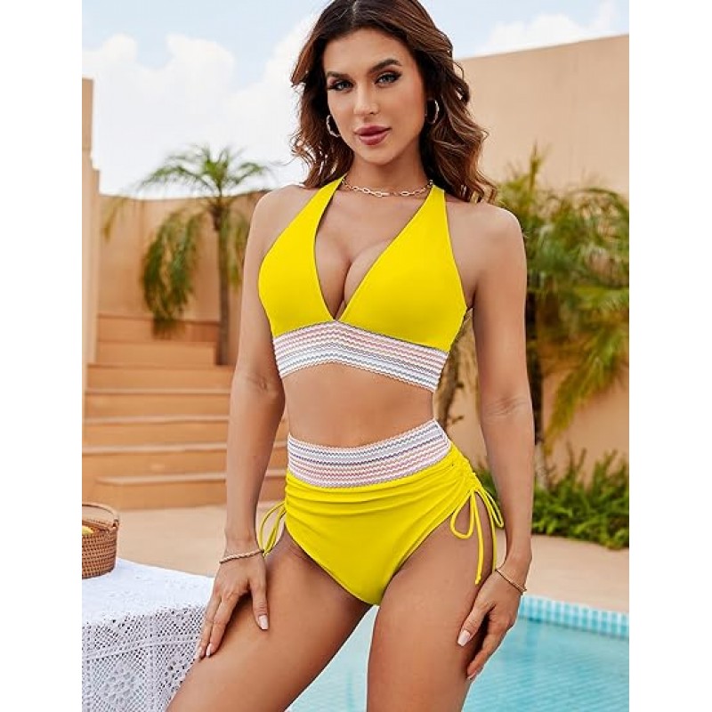 Women High Waisted Bikini Sets Tummy Control Swimsuits Color Block Two Piece Drawstring Bathing Suit