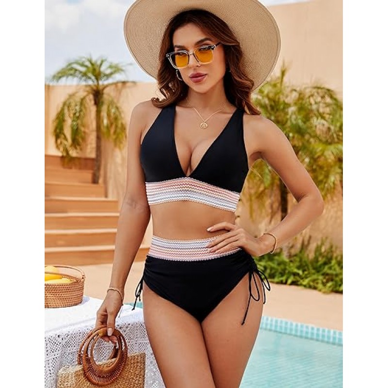 Women High Waisted Bikini Sets Tummy Control Swimsuits Color Block Two Piece Drawstring Bathing Suit