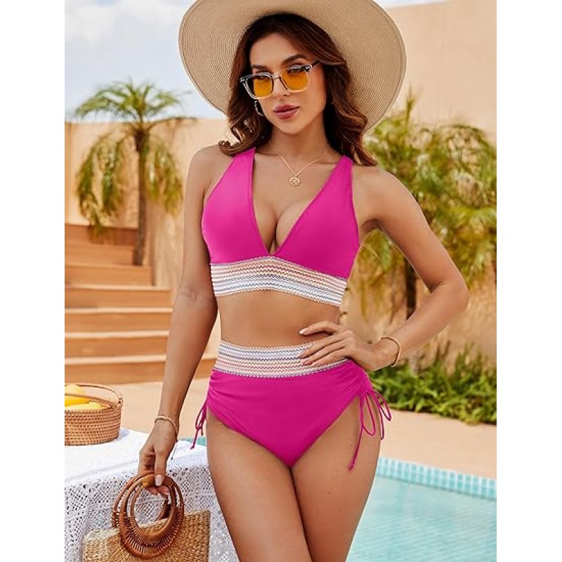 Women High Waisted Bikini Sets Tummy Control Swimsuits Color Block Two Piece Drawstring Bathing Suit