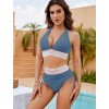 Women High Waisted Bikini Sets Tummy Control Swimsuits Color Block Two Piece Drawstring Bathing Suit