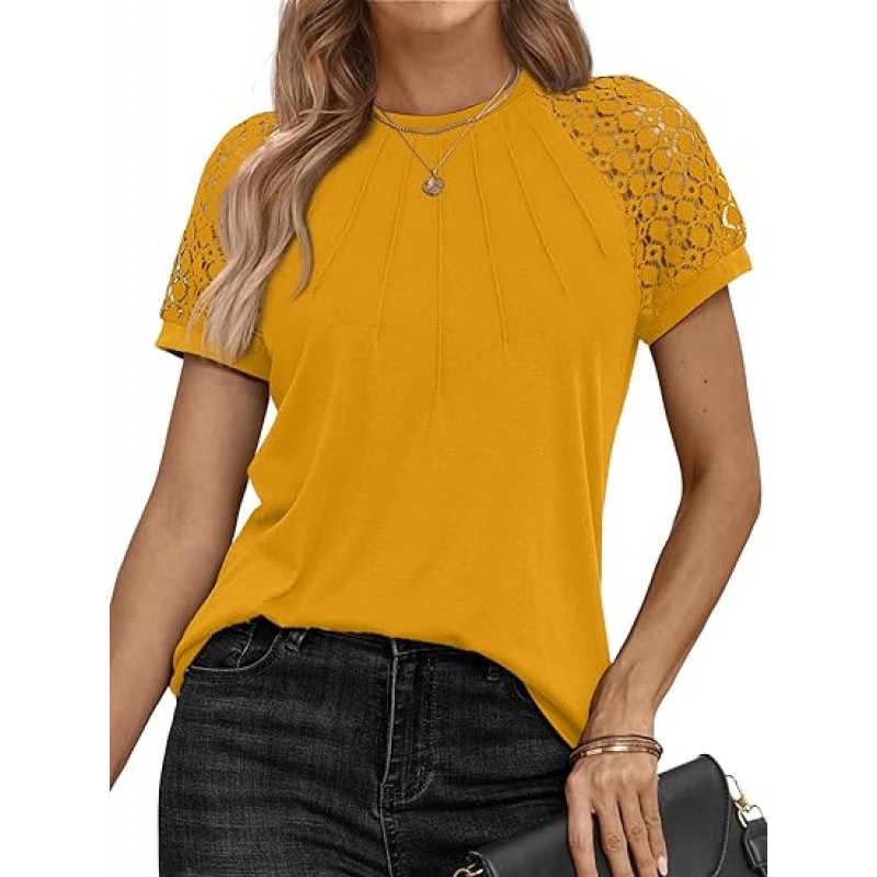 Womens Tshirts Trendy Fashion Tops Lace Short Sleeve Business Tee Shirts Casual Knitted Blouses Summer Outfits 2024