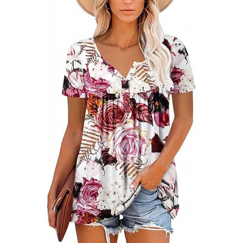 Women's Short Sleeve Shirts Floral Summer Tops Loose Fit for Leggings