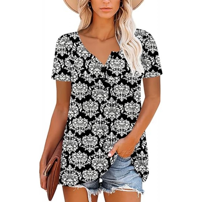 Women's Short Sleeve Shirts Floral Summer Tops Loose Fit for Leggings