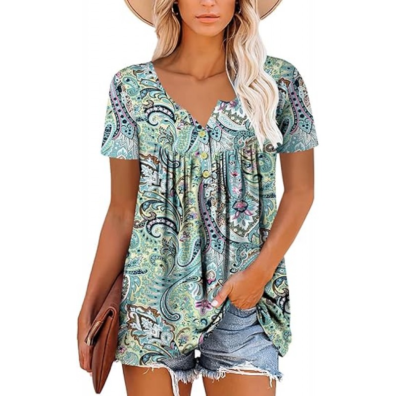 Women's Short Sleeve Shirts Floral Summer Tops Loose Fit for Leggings