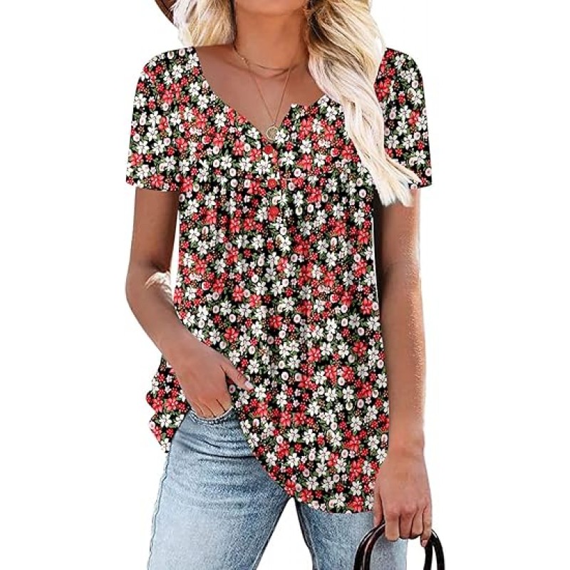 Women's Short Sleeve Shirts Floral Summer Tops Loose Fit for Leggings