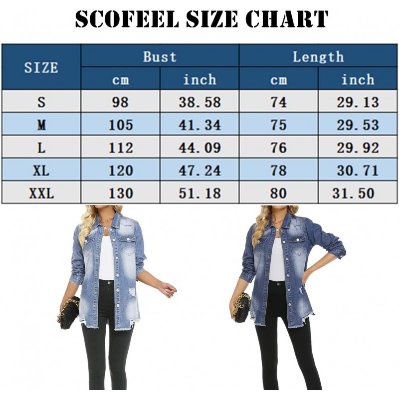 Women Denim Shirt Jacket Long Sleeve Shacket Coat Distressed Washed Ripped Frayed Hem Jean Jacket