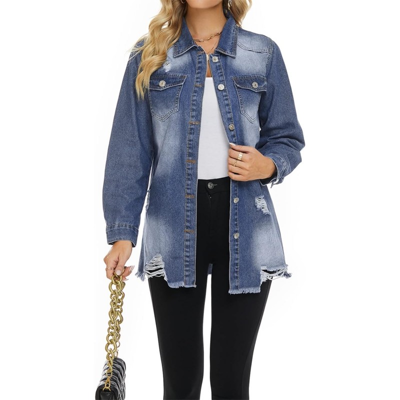 Women Denim Shirt Jacket Long Sleeve Shacket Coat Distressed Washed Ripped Frayed Hem Jean Jacket