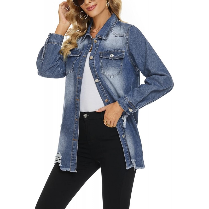 Women Denim Shirt Jacket Long Sleeve Shacket Coat Distressed Washed Ripped Frayed Hem Jean Jacket