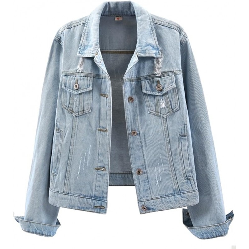 Womens Denim Jackets Distressed Ripped Long Sleeve Jean Jacket Coats