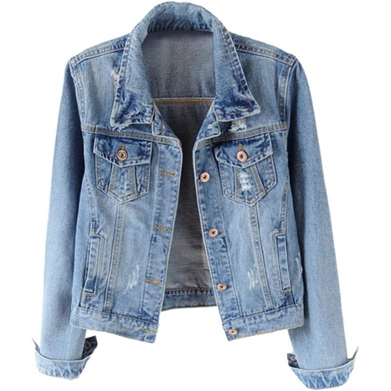 Womens Denim Jackets Distressed Ripped Long Sleeve Jean Jacket Coats