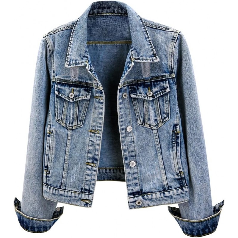 Womens Denim Jackets Distressed Ripped Long Sleeve Jean Jacket Coats